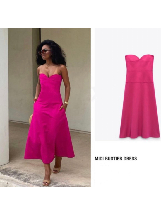 ZARA Dresses & Skirts - ZARA WOMAN BUSTIER MIDI BUSTIER DRESS Strapless FUCHSIA HOT PINK size XS